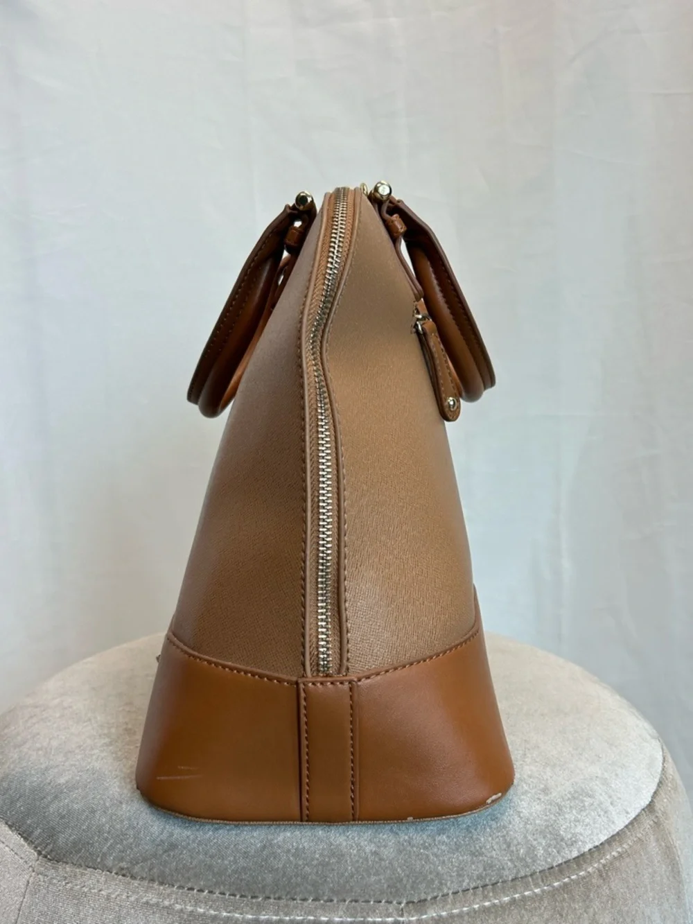 JustFab Camel brown faux leather satchel handbag tote dome shape gold-tone